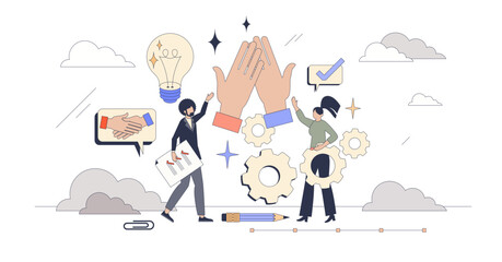 Team collaboration and work partnership tiny person neubrutalism concept, transparent background. Efficiency and productivity with partner cooperation for success and achievements illustration.