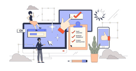 User experience or UX best website practices tiny person neubrutalism concept, transparent background. Application interface for various devices with fast loading time, responsiveness.