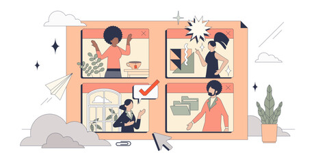 Virtual collaboration and distant work tiny person neubrutalism concept, transparent background. Employee talking on video call as effective method for business partnership and teamwork illustration.