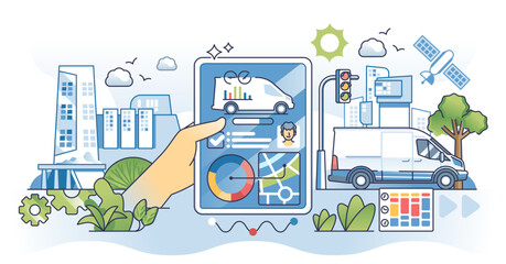 Fototapeta premium Vehicle telematics as smart communication system outline hands concept, transparent background. Wireless connection with sensor and advanced information exchange with car and satellite illustration.