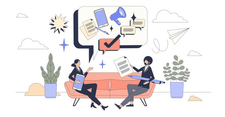 Visual communication for marketing ads tiny person neubrutalism concept, transparent background. Advertisement and marketing project presentation with text for social media posts illustration.