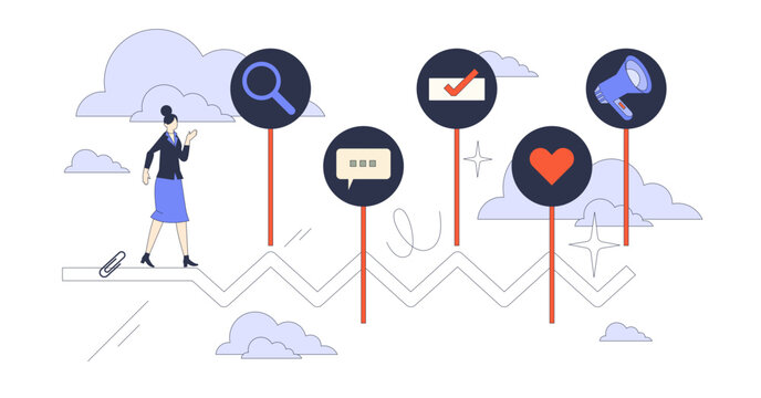 User journey mapping for software usage tiny person neubrutalism concept, transparent background. Application experience from customer feedback illustration.