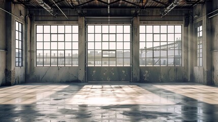 Fototapeta premium Empty warehouse Industrial interior with large windows and concrete floor.
