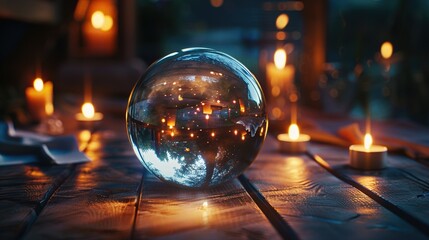 A glowing crystal ball on a wooden table, surrounded by candlelight, symbolizing manifestation.