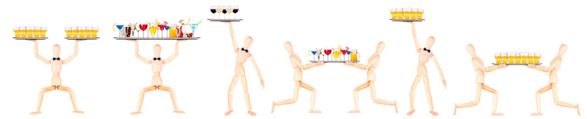 Assortment of wooden mannequins in different stances, isolated on white backdrop