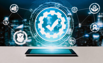 Quality Assurance and Quality Control Concept - Modern graphic interface showing certified standard...