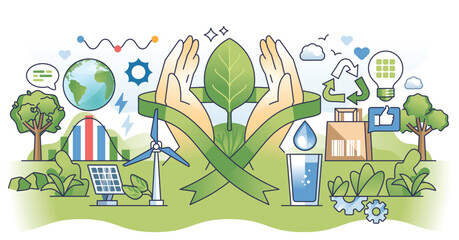 Sustainable marketing for eco business practices outline hands concept. Green, nature friendly and ecological company approach for product advertisement campaign vector illustration.