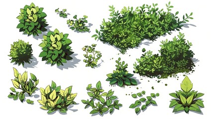 Obraz premium collection of green leaves, green background, green grass on white, A cartoon-style drawing of lush undergrowth, set of green leaves