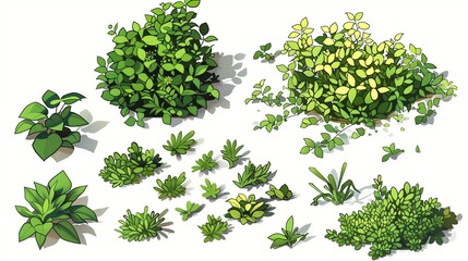 Fototapeta premium collection of green leaves, green background, green grass on white, A cartoon-style drawing of lush undergrowth, set of green leaves