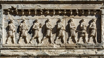 Fototapeta premium A marble relief depicting a procession of figures from ancient Greek mythology, captured in a narrative sequence of heroic deeds.