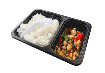Stir-fried chicken with basil rice box, isolated background