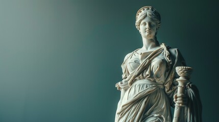 Obraz premium A marble statue of a goddess, draped in flowing robes and holding a symbolic object that represents wisdom and beauty.