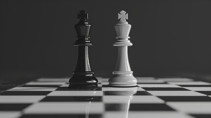 A minimalist composition of chess pieces on a board, emphasizing the contrast between black and white pieces.