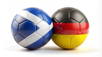 Obraz premium White background features Bavarian red and black leathered soccer ball alongside Scotland's Saint Andrew's Cross emblazoned ball.
