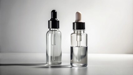 Sleek minimalist arrangement of two vials with dropper caps on a light background next to a cosmetic bottle silhouette.