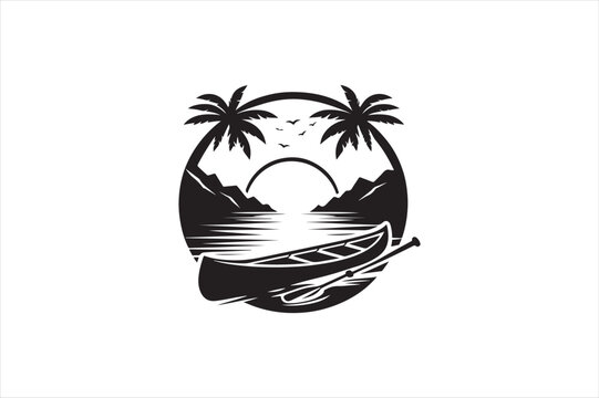 black canoe on lake with palm trees clip art preview