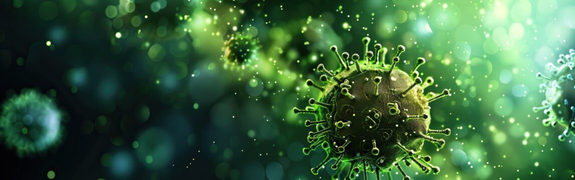 Close-up view of a virus particle in a green background, highlighting the microscopic details and structure of a pathogen causing disease