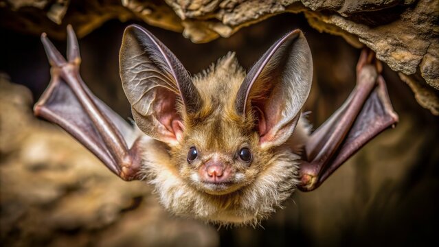Dimly lit cave dweller, small brown long-eared bat Plecotus auritus, hangs upside down, showcasing intricate facial features, in natural habitat.