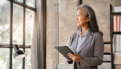 Smiling mature professional business woman bank manager, older happy female executive or lady entrepreneur holding digital tablet pad standing in office at work, looking away at copy