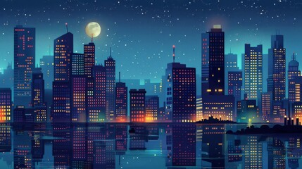 Nighttime city scene with building illustrations.