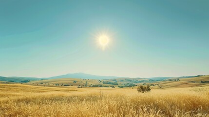 Fototapeta premium A peaceful countryside scene with golden fields under a bright sun, framed by distant rolling hills and a clear blue sky.