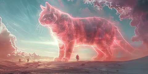 Colossal Holographic Cat in a Surreal Desert Landscape