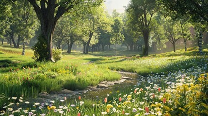 A peaceful meadow with a babbling brook, wildflowers, and a canopy of tall trees.