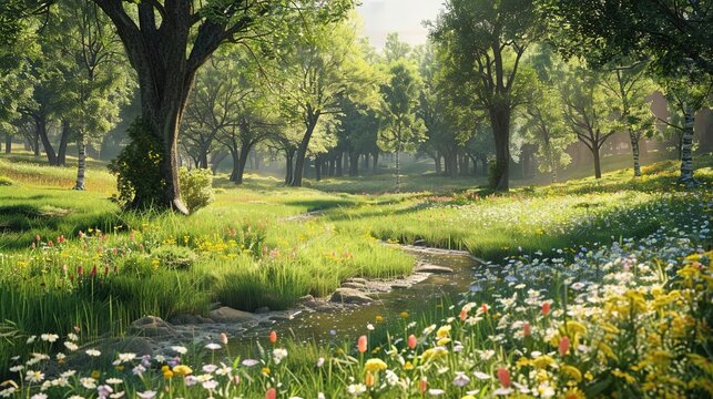 A peaceful meadow with a babbling brook, wildflowers, and a canopy of tall trees.