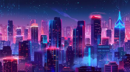 Nighttime city scene with building illustrations.