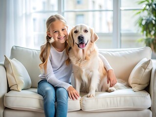 Happy Girl and Dog on Sofa.