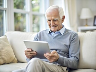 Fototapeta premium Senior Man Relaxing On Sofa Using Tablet.