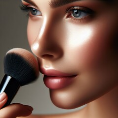 extreme closeup of half of a woman applying a powder brush