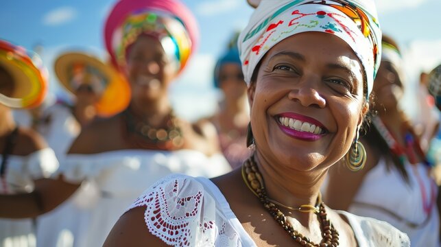 Honor the Baianas the maternal figures of Capoeira with a white lace dress a colorful headwrap (pano da costa) and traditional jewelry
