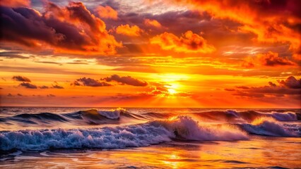 Fototapeta premium Vibrant orange hues of setting sun cast warm glow on serene tranquil ocean waves with subtle misty aerosol particles suspended.