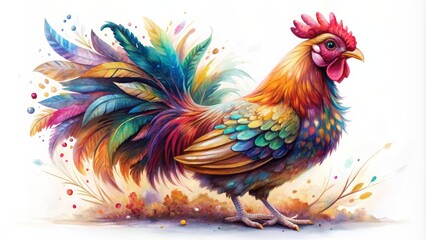 Fototapeta premium Whimsical digital painting of a rooster with vibrant plumage and expressive eyes on a pure white isolated background.