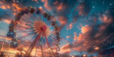 Vibrant Ferris Wheel at Sunset with Starry Sky in Dreamy Atmosphere