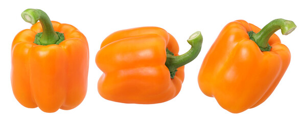 Fresh whole orange Bell pepper isolated, transparent PNG, PNG format, full depth of field, collection, set