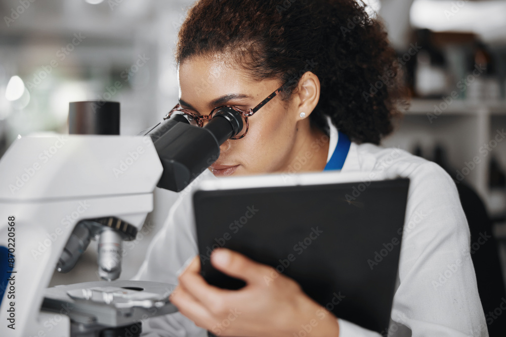 Poster Microscope, sample and tablet with scientist woman in laboratory for medical or pharmaceutical research. Innovation, study and technology with doctor at work for analysis, development or experiment