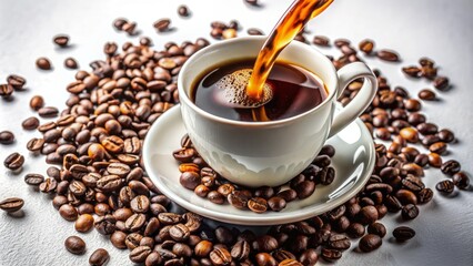 Fototapeta premium Rich aromatic black coffee poured into a cup alongside scattered coffee beans on a pristine white background evoking warmth.