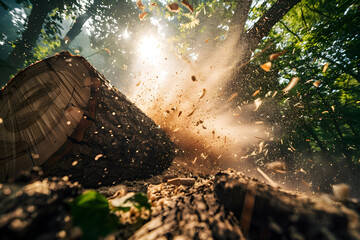 Dramatic close-up of a tree being cut down with flying sawdust and sunlight streaming through the forest