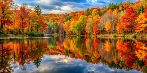 Scenic autumn landscape with vibrant foliage reflected in a calm lake, creating a colorful and serene scene.