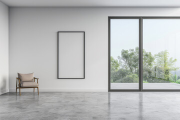 Fototapeta premium Contemporary living room interiors in neutral colors with minimal furniture and framed window. Luxurious residential realty composition.
