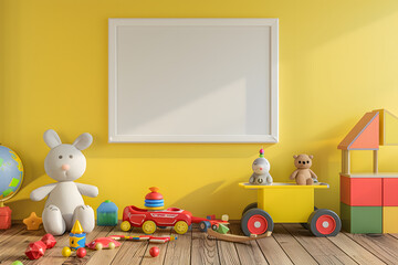 Fototapeta premium Blank picture frame on a vibrant yellow wall in a children's room with toys, creating a lively and cheerful atmosphere