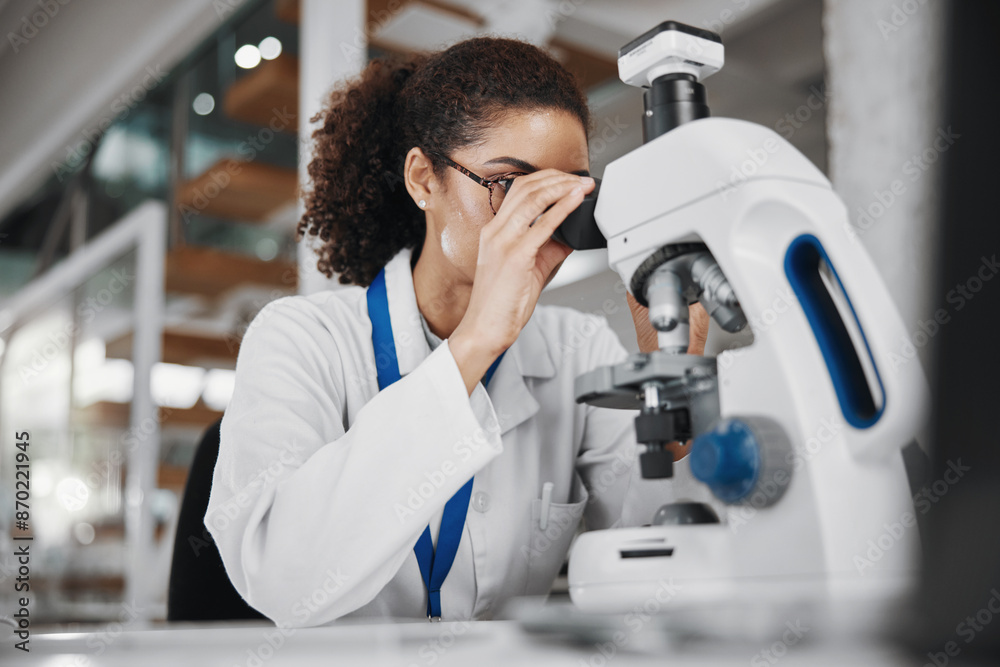 Aufkleber dna, microscope and science with woman in laboratory for medical or pharmaceutical research. enginee