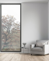 Contemporary living room interiors in neutral colors with minimal furniture and framed window. Luxurious residential realty composition.