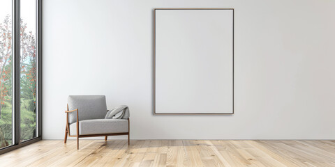 Fototapeta premium Contemporary living room interiors in neutral colors with minimal furniture and framed window. Luxurious residential realty composition.