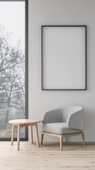 Contemporary living room interiors in neutral colors with minimal furniture and framed window. Luxurious residential realty composition.