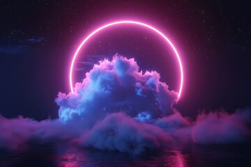 3d render, abstract cloud illuminated with neon light ring on dark night sky. Glowing geometric shape, round frame