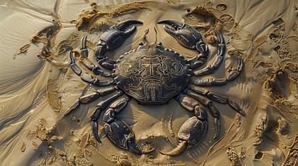 The Cancer zodiac sign symbol drawn with intricate patterns on a sandy beach.