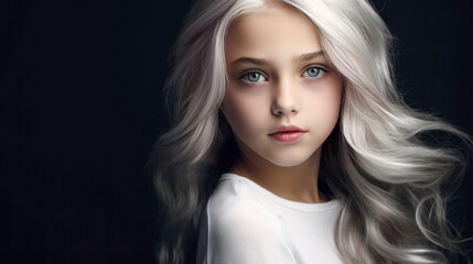 Fototapeta premium Portrait of a chic cute beautiful blonde child girl with long white hair and perfect skin, silver background, banner.